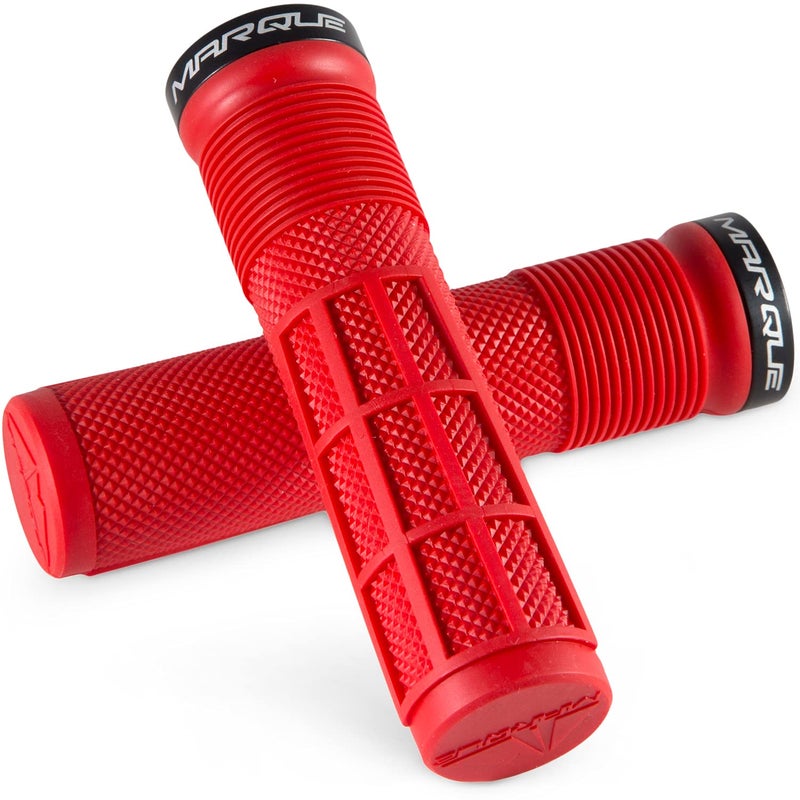 MARQUE Race Mountain Bike Handlebar Grips â€“ Single Lock-On Ring Collar MTB and BMX Bicycle Handle Bar with Non-Slip Grip, Knurly Gritty Pattern and Half Waffle Pattern (Red) - Image 1